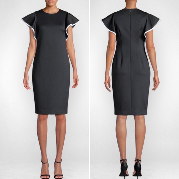 Calvin Klein Black Statement Cap Flutter-Sleeve Sheath Scuba Unlined Dress - Picture 1 of 14
